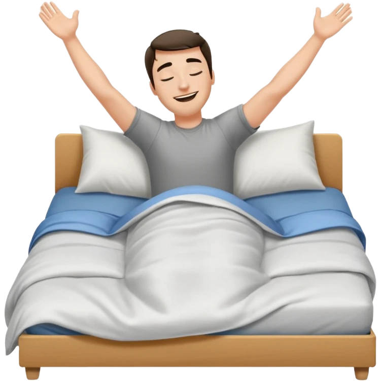 A man in bed laying down under covers kicking feet in air because so excited to sleep. Eyes are closed and he is smiling. Arms down and put him under covers but show feet In air kicking. emoji