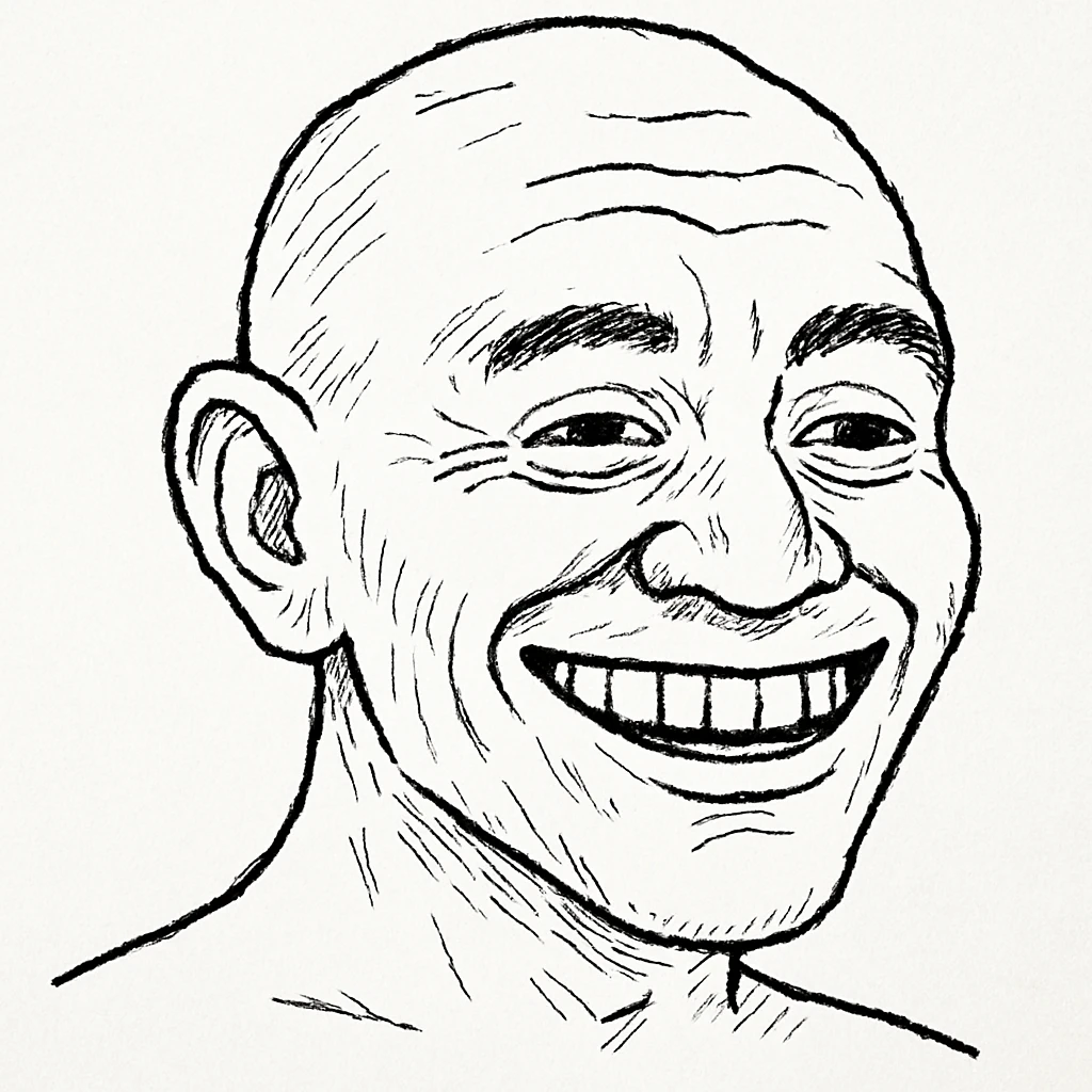 wojak meme style, guane deme character smiling, classic wojak features, plain background emoji