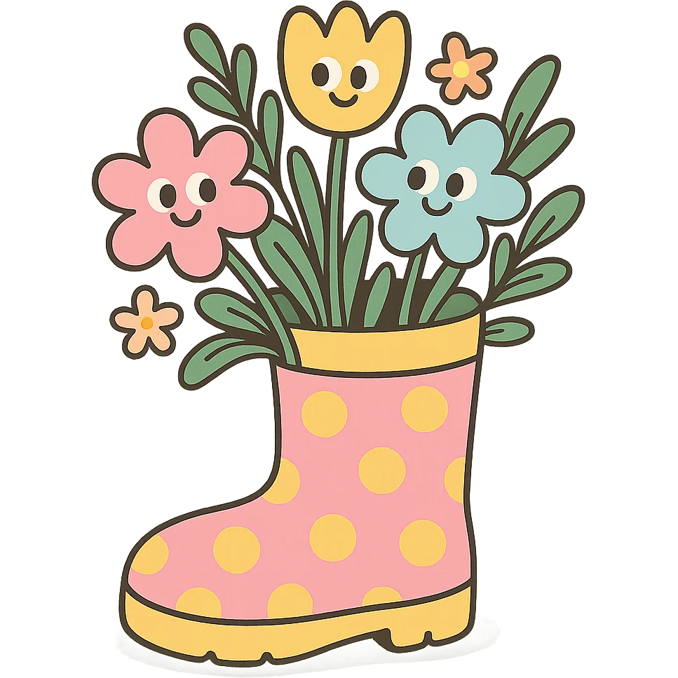 a pastel rain boot filled with blooming spring flowers, in pastel toon style emoji
