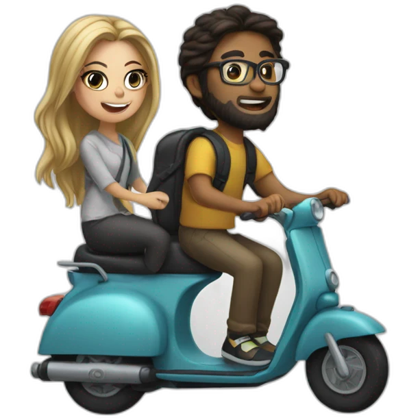 boy with long hair tied in a bun, beard, and glasses, riding a black scooter with a girl on the back emoji