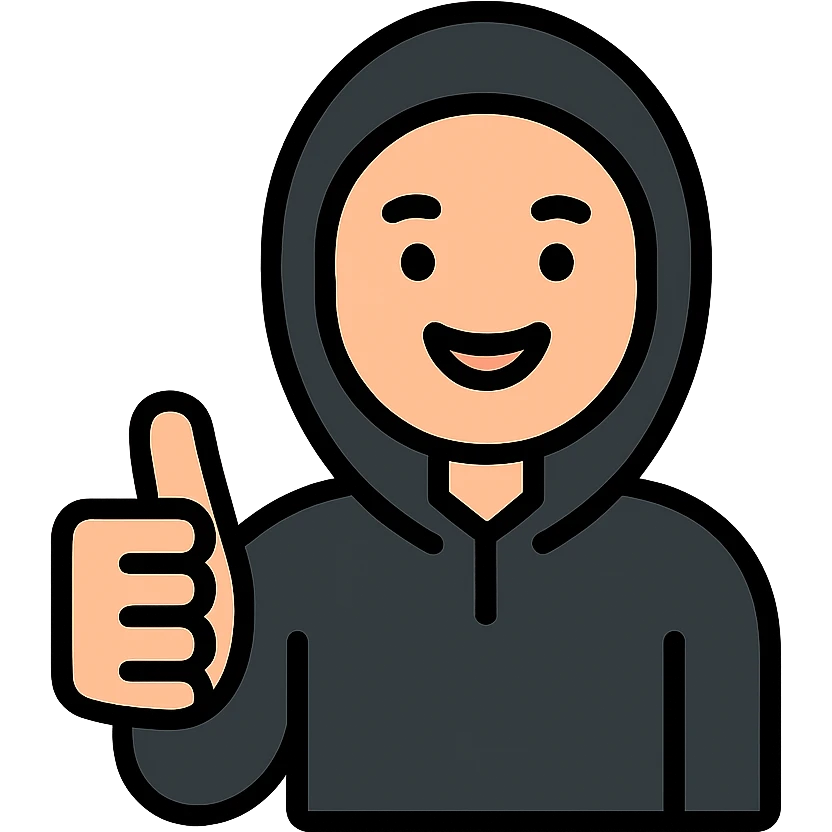 person in black hoodie giving a thumbs up, smiling, modern icon style emoji