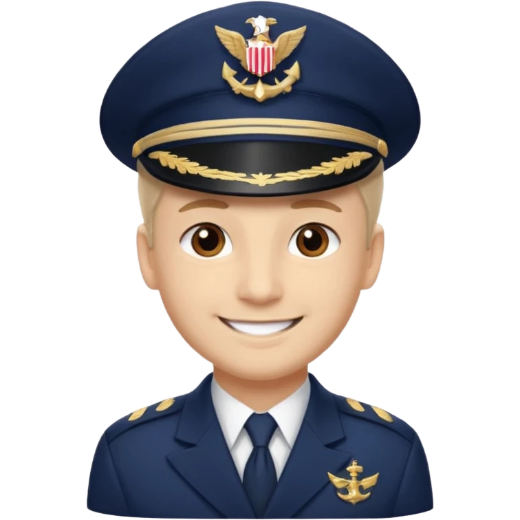 A light-skinned man with brown eyes, smiling while wearing a white captain’s hat with a navy emblem. emoji