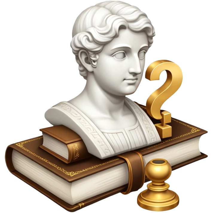 An icon featuring a classical bust, a book, and a question mark, symbolizing philosophy. The design includes a scroll with ancient text, evoking deep thought and intellectual inquiry. Transparent background highlights the search for knowledge and meaning emoji