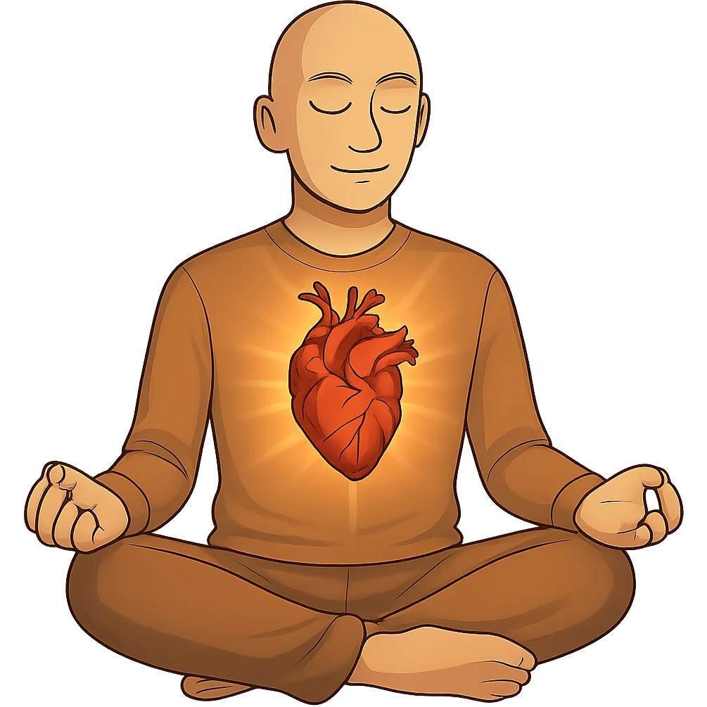 Person is meditating and his heart is glowing and shining, general style, with a real organ heart form, more a form, not cut the arteries, but make them connected to blood system, smaller heart emoji