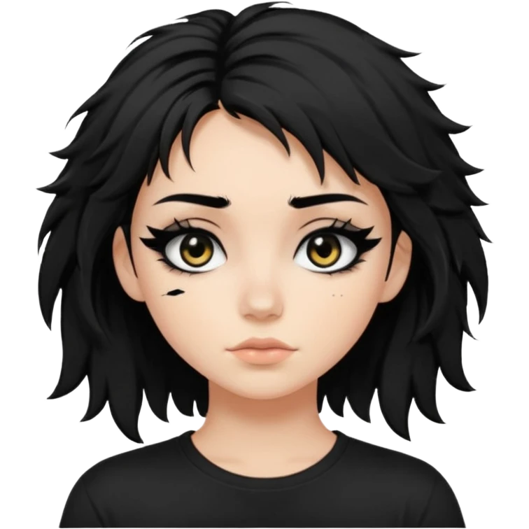 a pretty bratz fair girl with messy shaggy black hair with mascara smudged wearing a tight black tee emoji