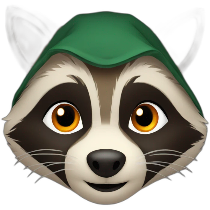 brown raccoon with orange eyes and a dark green hood that smile emoji