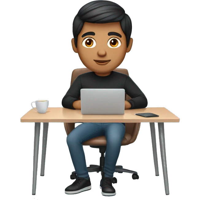     memoji of a man with a laptop in front, apple-style,modern,dark hair,black sweater,computer in hand, Indian brown skin, sitting on his desk with light blue gradient background emoji