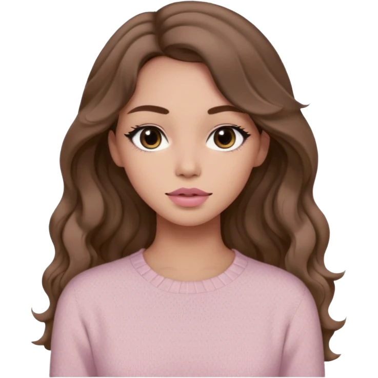 a woman with beige knit long sleeve top, her hair is long wavy brown hair, her face is soft girl style, her eyes color are black and the color of her lip is soft pink emoji