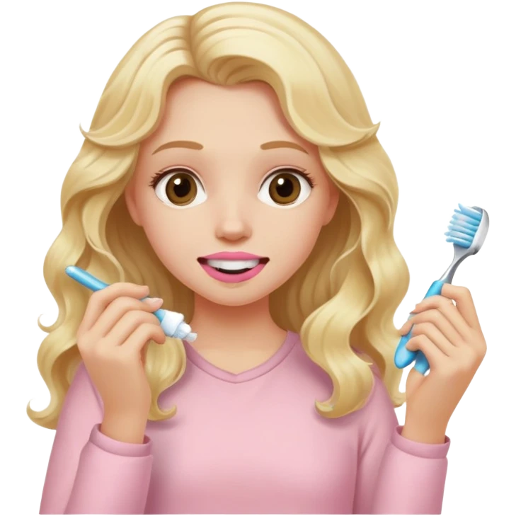 A white girl with long blonde wavy hair in pale pink clothes brushes her teeth emoji