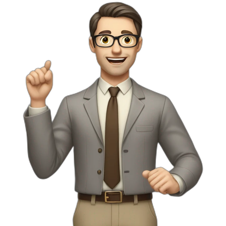 To belt Actively gesturing with hands Pale skinned fit man teacher with dark brown hair in gray jacket, beige office shirt, brown tie, brown pants and vintage glasses. emoji
