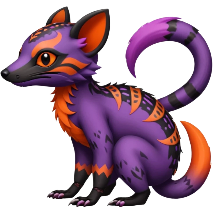 Rare warm-colored exotic gloomy tropical edgy cute epic aesthetic spooky  gothic colorful Salandit-Noibat-Civet-species-Fakemon-hybrid-creature, with tribal tattoo markings, full body emoji