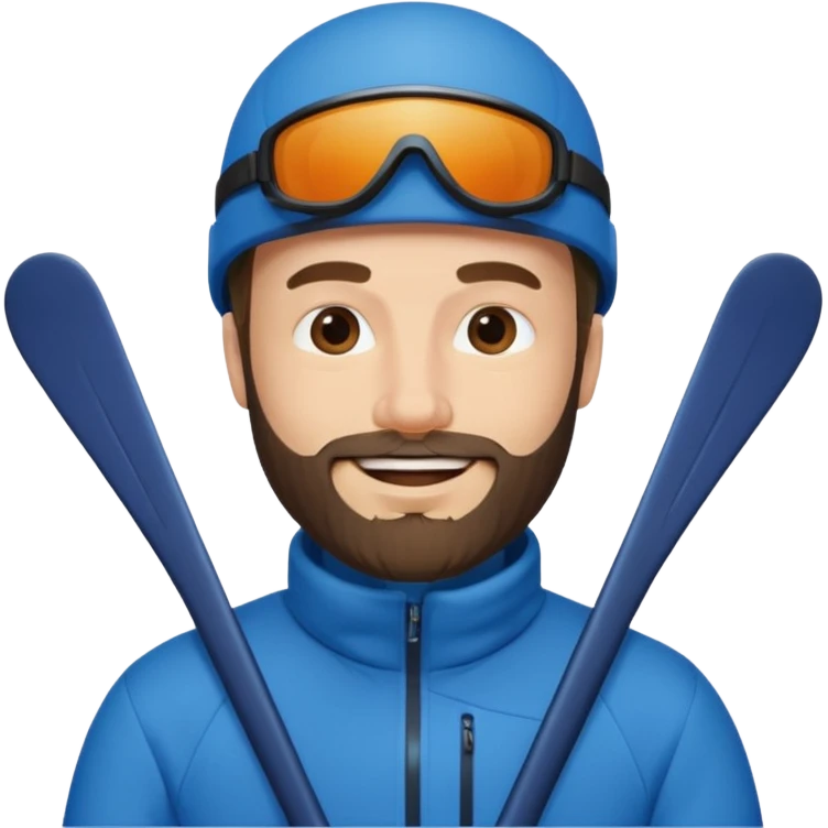 bearded man skiing, blue outfit, smiling emoji