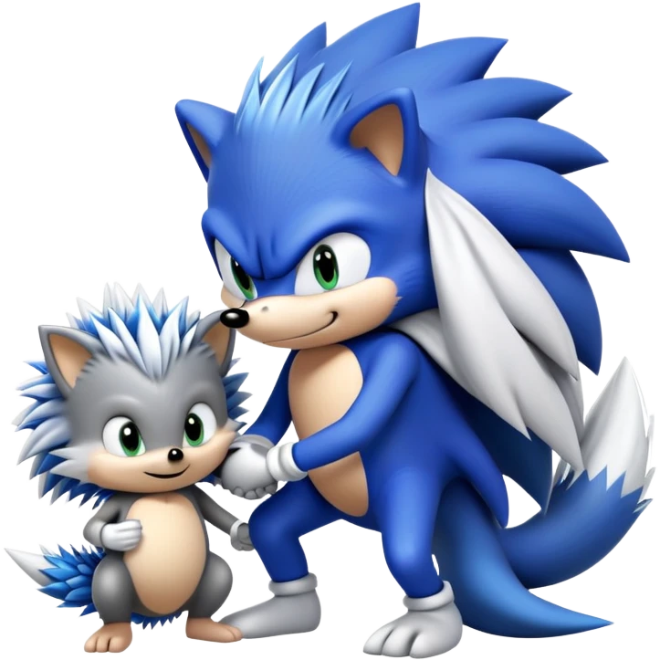 Blue Sonic the hedgehog, black Shadow the hedgehog, and small baby Silver the hedgehog holding hands together in a row emoji