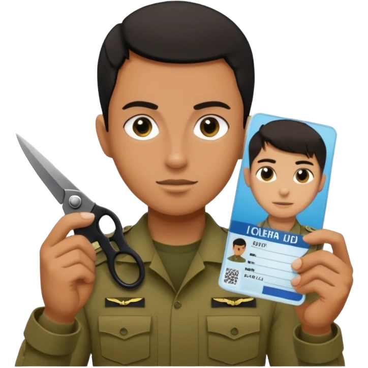 Floating black Scissors cutting in half an idf soldier ID card with a little chip in 2 parts .hyper realistic emoji