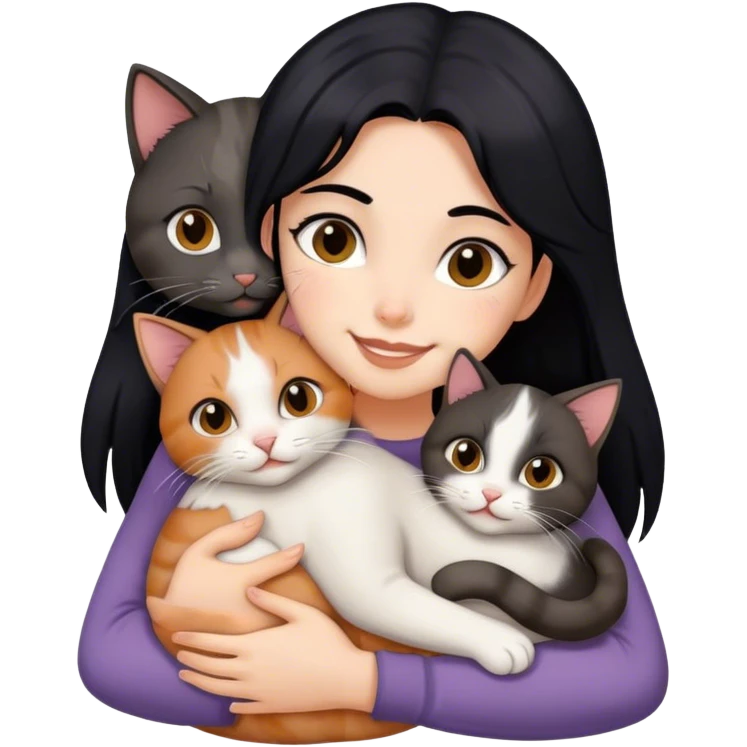 happy girl with black hair hugging three cats  (dark calico cat, gray cat, brown calico cat) emoji