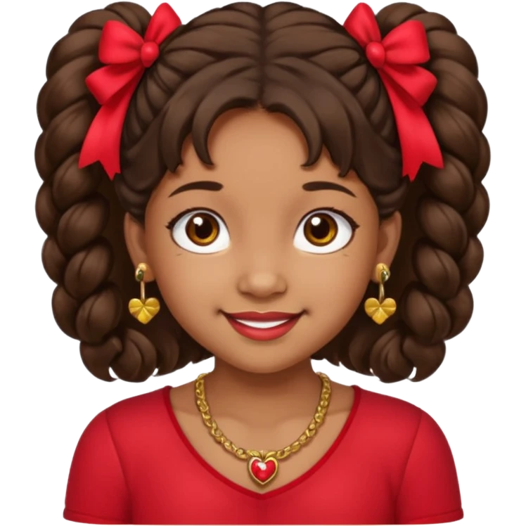 Brownskin girl dark brown hair fluffy. pigtails with red bows brown eyes smiling closed mouth red shirt gold esrrings gold necklace emoji