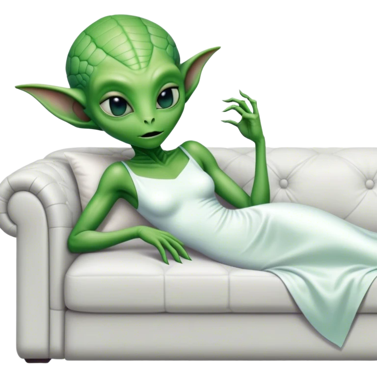 hyper-realistic reptilian green alien woman, in white dress, lie on couch comfy emoji
