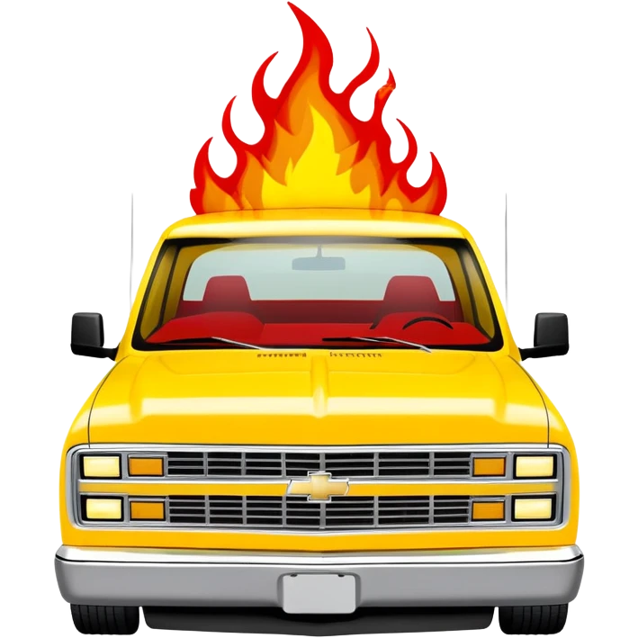 Yellow Chevrolet C-2500 Crew Cab with movie-accurate red flame vinyl graphic on the hood, exactly like the Kill Bill 'Pussy Wagon', 30-degree view, iOS emoji style emoji