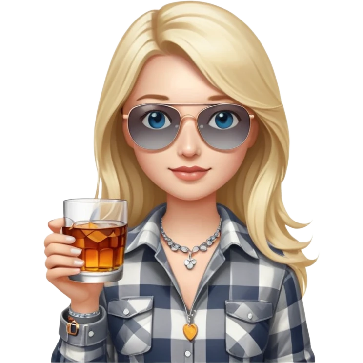girl
blue eyes
long blond hair with daisy in it
wearing grey/white plaid shirt
wearing aviator sunglasses
wearing silver necklace around her neck
holding a glass of whiskey 
wearing rose gold apple watch  emoji