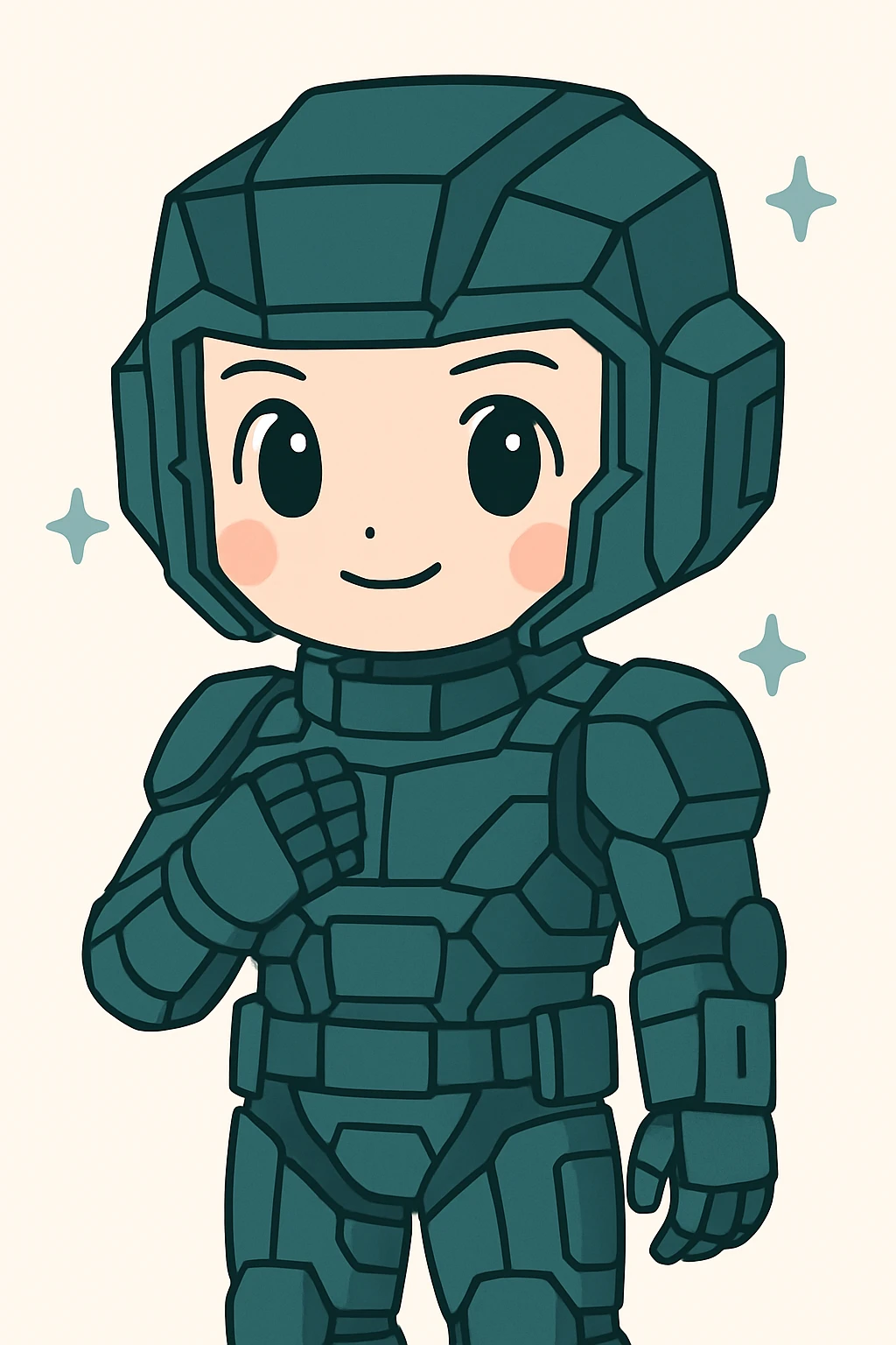 Make the helmet more square and angular, less round, while keeping the anime sci-fi soldier style. The helmet should be dark turquoise in color. emoji