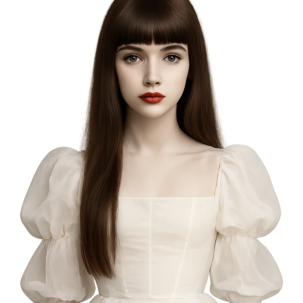 pale girl with chest-length straight brown hair, bangs above the eyebrows covering the forehead, brown almond-shaped eyes, red lips, V-shaped face, small thin nose, wearing a white bouffant dress emoji