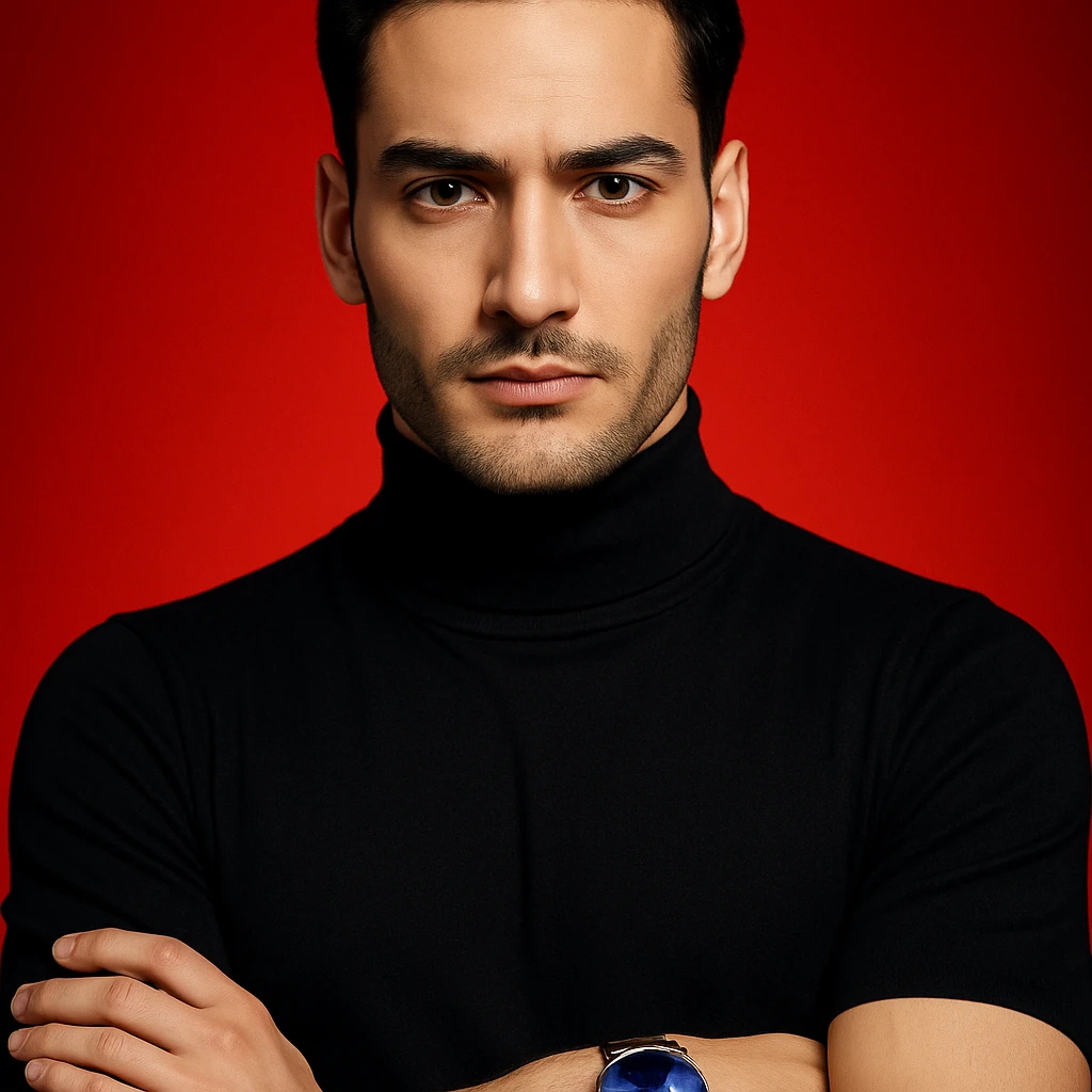Create an editorial fashion magazine style portrait, ultra-realistic, of the person in the reference image. Highlight sharp features, fair flawless skin, black turtleneck, sleek black hair, arms crossed, and a wristwatch with a blue dial and brown strap. The background is a bold red gradient with dramatic lighting. The composition is symmetrical and minimal, rendered in 4K. emoji