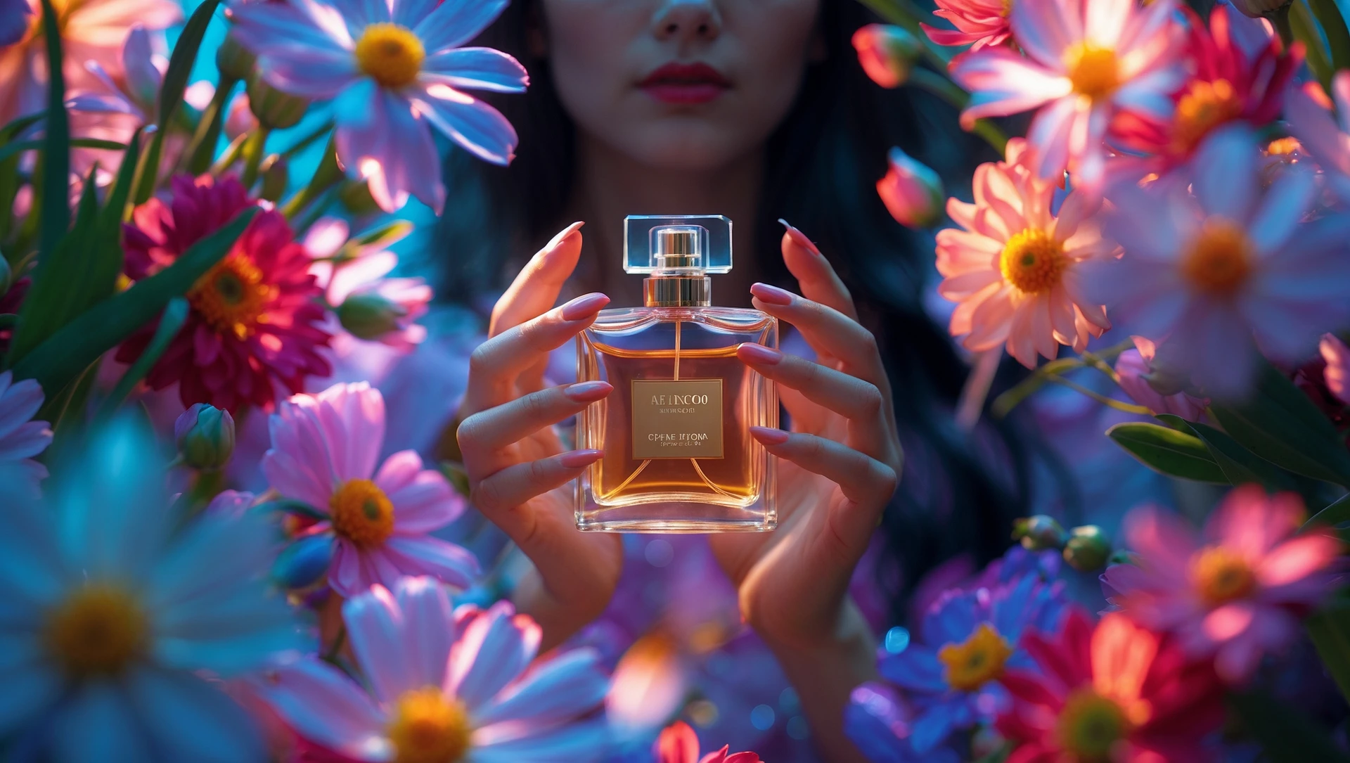 Motion blur Extreme Closeup photo of a beautifull woman holding perfume around beautifull colorfull flowers, cinematic light, 8K, very detailed, sharp, depth (foreground, midground, background) emoji