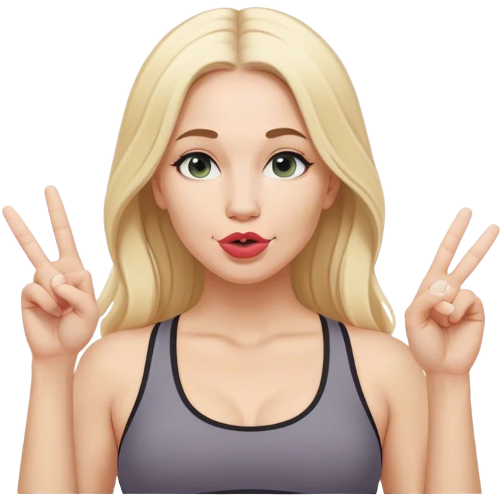 White woman wearing lululemon with blonde hair and middle part doing duck lips and sticking up peace sign with one hand  emoji