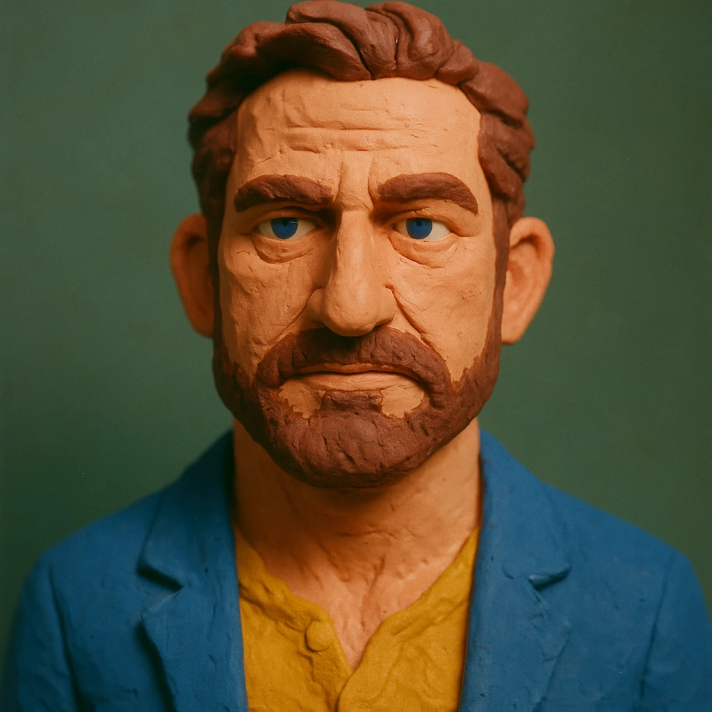portrait inspired by Gerard Butler, face narrower and forehead slightly larger, claymation style, alternate color palette emoji
