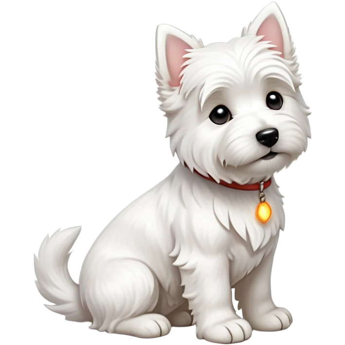 cinematic-[west highland white terrier]-realistic-full-body-sitting-emoji,-tail-resting-loosely-beside-its-paws,-head-tilted-dramatically, dooped ears -wavy-[white-fur,-simplified-yet-realistic-focused-features,-highly-detailed,-glowing-with-an-almost-sarcastic-glow emoji