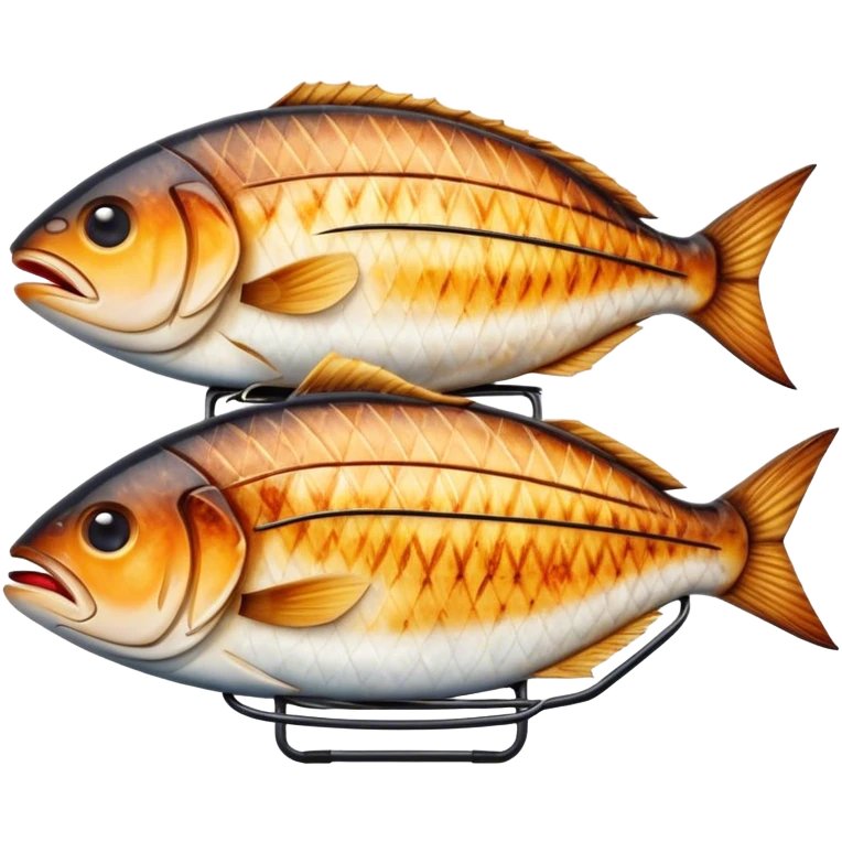 Cinematic Realistic Gradele (Grilled Fish) Dish Emoji, depicted as perfectly grilled fish with a smoky, charred finish rendered with lifelike detail and appetizing, natural lighting. emoji