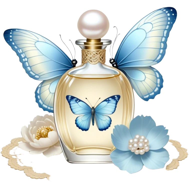 A delicate glass perfume bottle with an iridescent pearl finish rests on a vintage lace doily. A pale blue butterfly flutters nearby, its shimmering wings catching the soft golden light. Scattered white peony petals and a string of pearls add a touch of timeless elegance. emoji