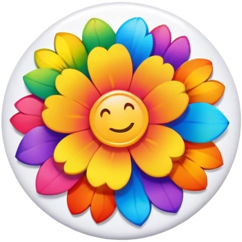 A round hippie colored button with a rainbow flowers in the center emoji