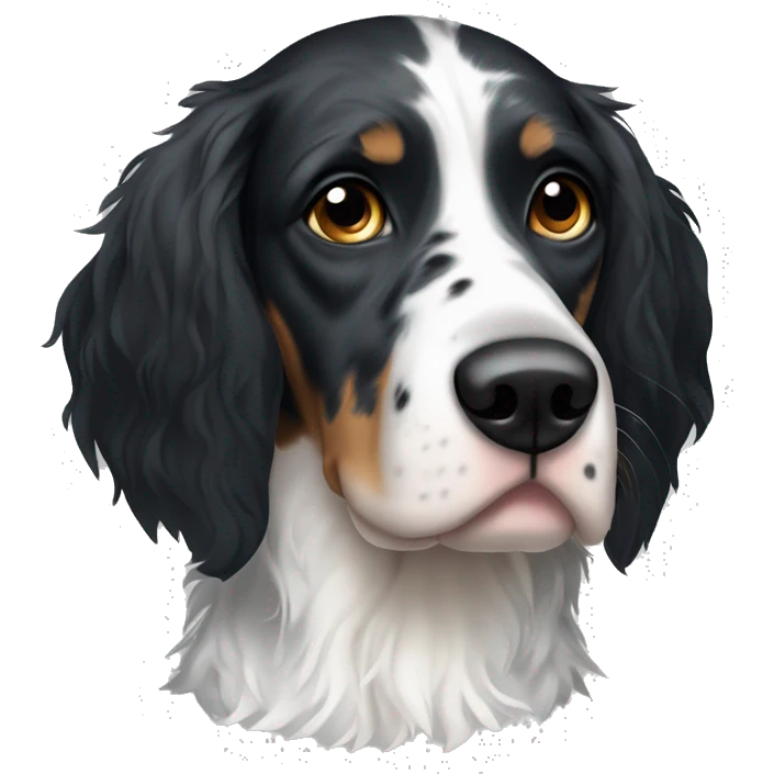 black and white English Setter face with asymmetrical black eye patches and no brown hair emoji