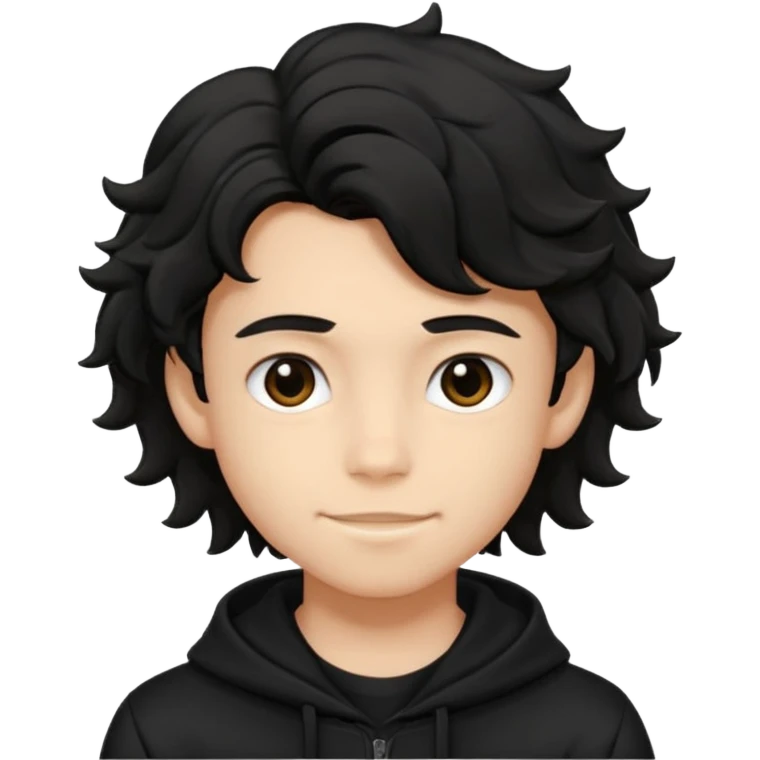 Menino de 15 anos de cabelo preto ondulado volumoso e de roupa preta emoji