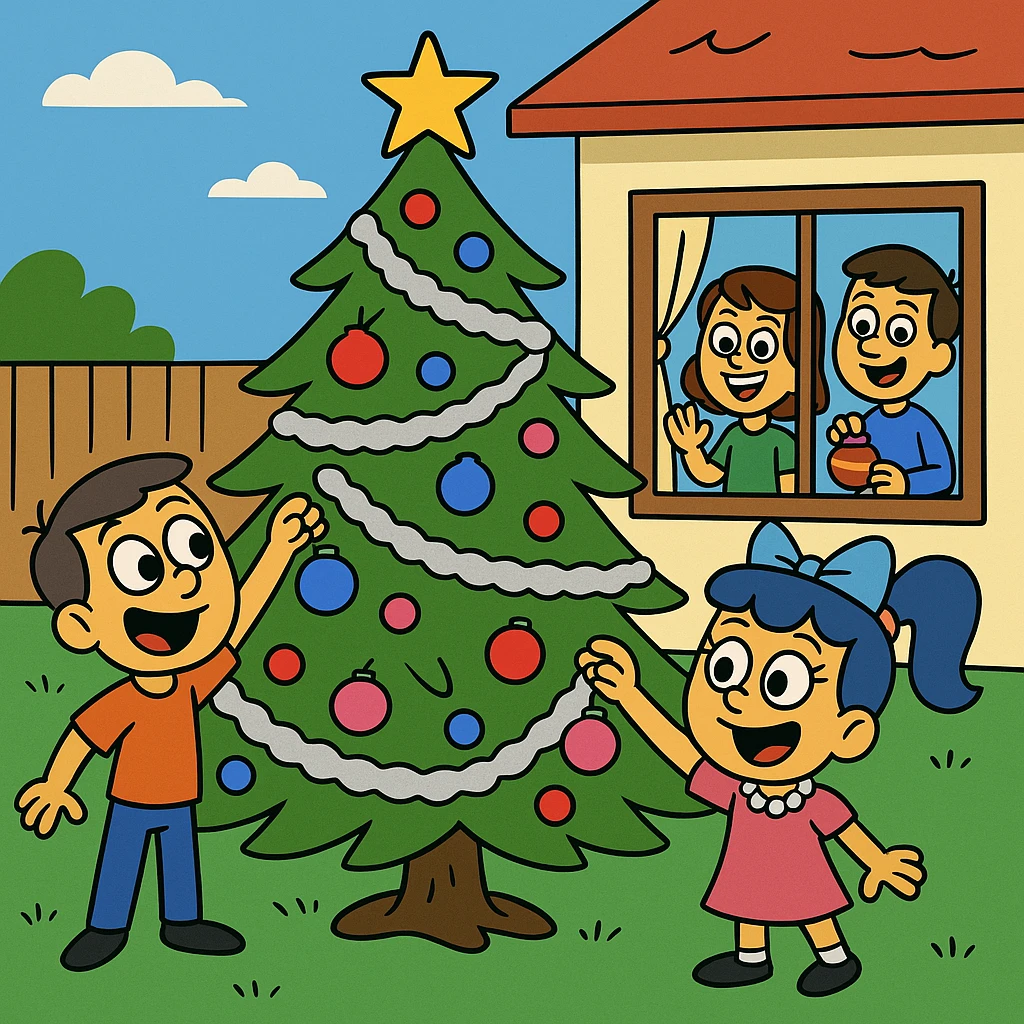 The children covered the tree in tinsel and ornaments. 3 children inside the house. Christmas incoming. emoji