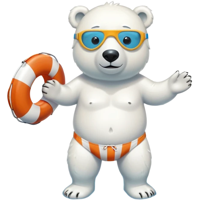 full body friendly anthropomorphised polar bear wearing striped swim shorts and swim goggles, standing in a puddle and holding a life buoy emoji