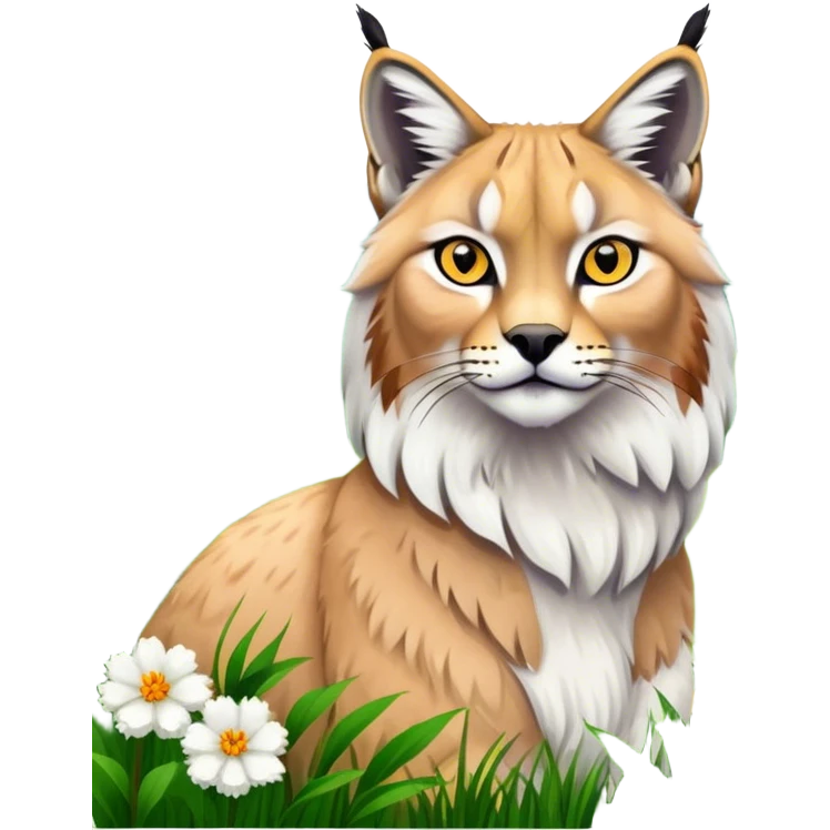 Collage of exotic animals: a lynx with striking eyes, and a fluffy alpaca standing in a lush meadow. The lynx gazes intently while the alpaca looks calm and curious. Surrounded by vibrant plants and flowers. Transparent background for a lively, colorful scene. emoji