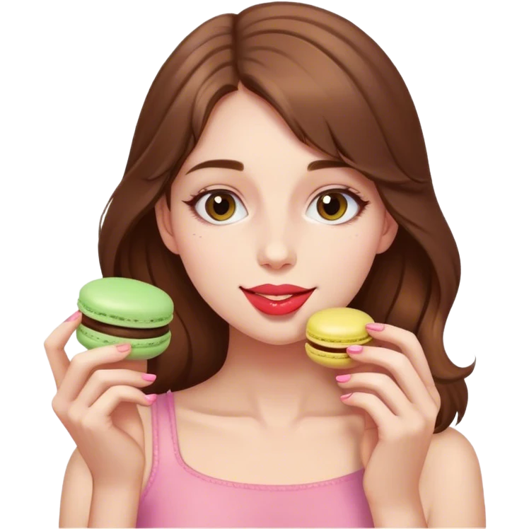 Pretty brown haired girl eating macaron emoji