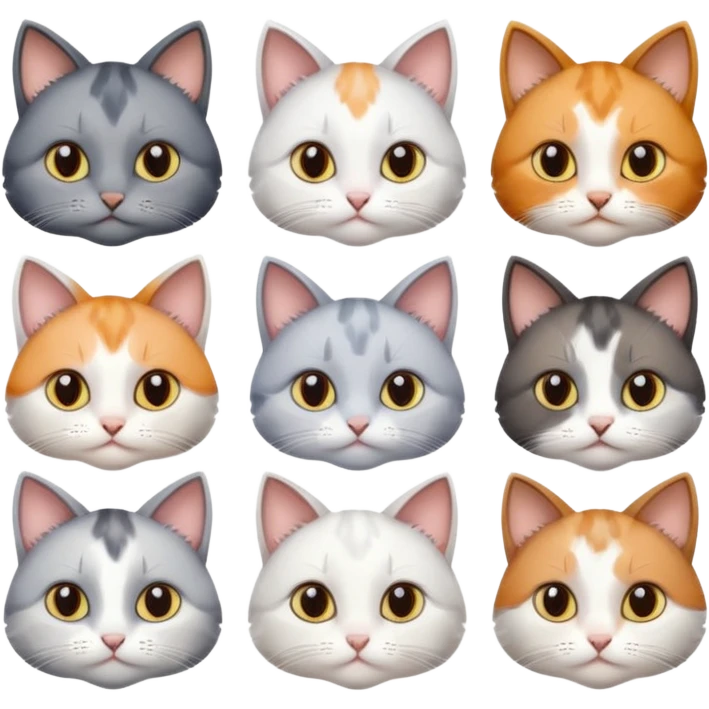 6 realistic looking cats with different natural coloured coats, assorted grey and white, greys, calico, brown and white colours etc
 emoji