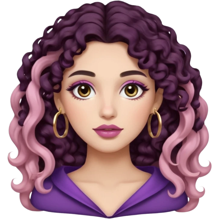 Woman with long dark wavy 2b curls, big brown eyes, thick brows, fair/light-medium skin, rosy blush, glossy mauve lips, gold hoops, and soft natural glam makeup. emoji