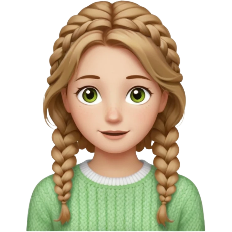 light brown hair blonde hair hazel/green eyes woman with a white cable knit sweater and one braid down her back  with tendrils of hair flowing down her face and she is happy pale, some freckles, blush. she has a cateye wing and long lashes emoji