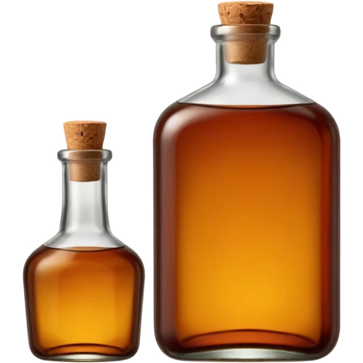 sturdy glass bottle with squared shoulders and a short neck, filled with rich amber-brown liquid, slightly tinted glass showing depth of color inside, capped with a cork or dark metal top, no label, sealed bottle, apple emoji style, soft lighting, subtle shadows, transparent background, emoji scale emoji