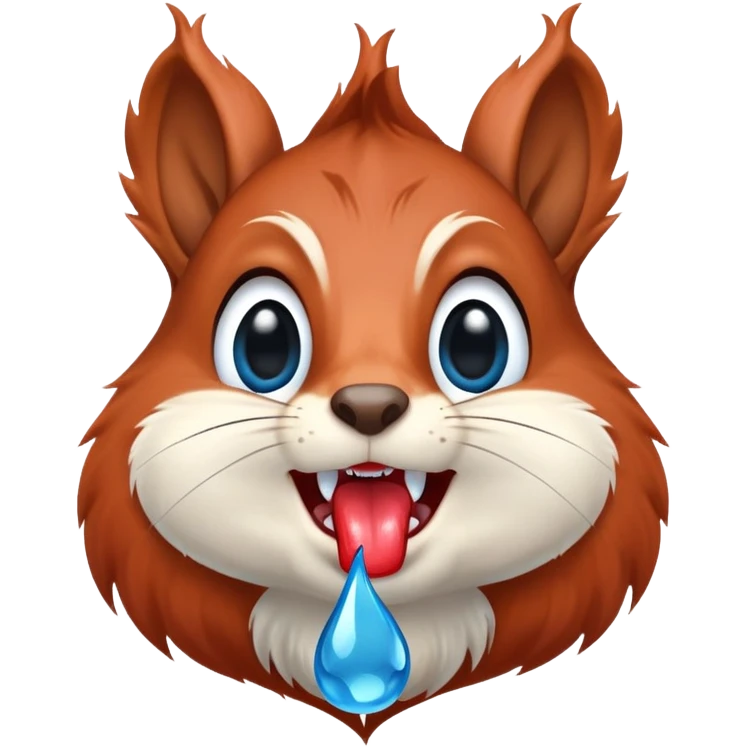 Front view of squirrel face with red-brown fur, prominent teeth, black eyes, and a huge blue drool droplet hanging from mouth, unmistakable drooling emoji