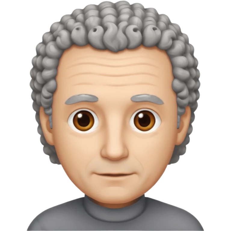 Illustrated emoji of a middle aged man with receding grey curly hair, brown eyes, white skin emoji