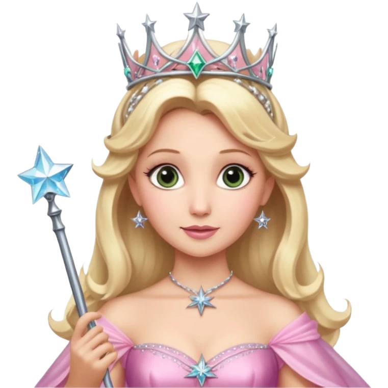 glinda the good witch from wicked movie (ariana) blonde hair, beautiful, big silver thin tiara, star wand, pink gown emoji