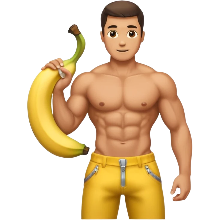 muscular shirtless man with a big banana coming out of his pants zipper emoji