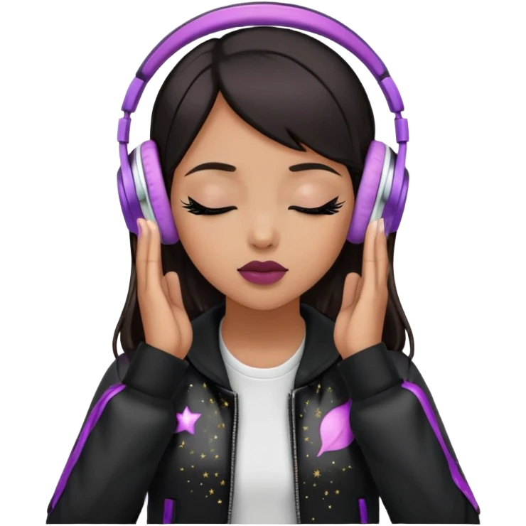 Girl with dark hair, tan skin tone,wearing a black jacket, has glitter on her eyelids, and wearing mauve lipstick, wearing white headphones, her hands are on her ears, and her eyes are close emoji