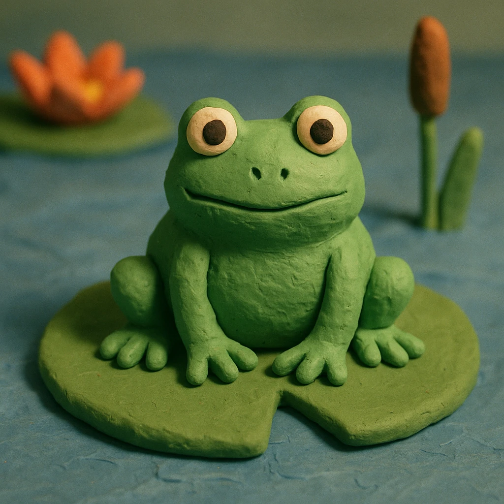 a green frog sitting on a lily pad, claymation style emoji