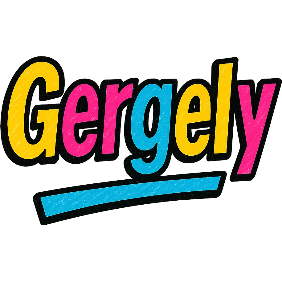 modern colorful gradient typography of the name 'Gergely' with dark outline, dynamic slanted or partial underline, in the style of reference patterns emoji